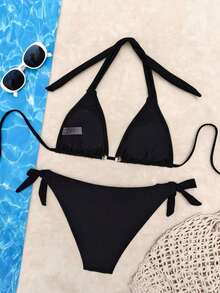 2pcs/Set Women Ocean Theme Decorative Sexy Casual Bikini Set, Halter Solid Color Swimwear For Beach And Pool, Spring/Summer Vacation, Removable Swimwear Pads, Black Swimsuit - 淺藍色 - 查看 7