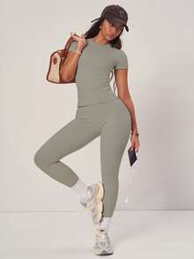 PinkTip Khaki Basic Top And Pants Set, High-Waisted Loose Fit, Essential For Summer Casual And Fitness Sports - Khaki - View 5