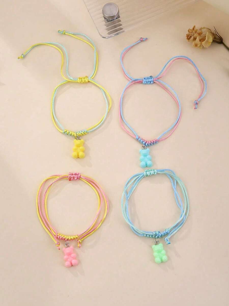 小熊软糖多巴胺手链套装 4 件装，可爱渐变编织绳，趣味吊坠，送给女孩、青少年日常派对的完美礼物 - A - 查看 1