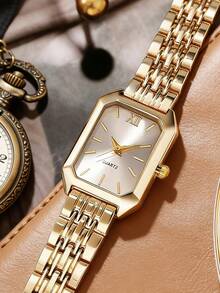 4 pièces Ensemble de montres à quartz pour femmes, cadran carré multifonctionnel, convient pour assortir aux bracelets, colliers, boucles d'oreilles, bagues et autres bijoux, idéal pour le port quotidien, les événements formels, les vacances. Meilleur ensemble cadeau pour les femmes - Doré - Voir 2