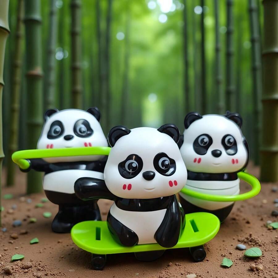 1个风力驱动的摆动玩具，趣味新颖的小饰品，可爱的熊猫摆件礼物，由可爱的树脂动物制成。包含熊猫服装、跳绳、行走、滑板和旋转动作。