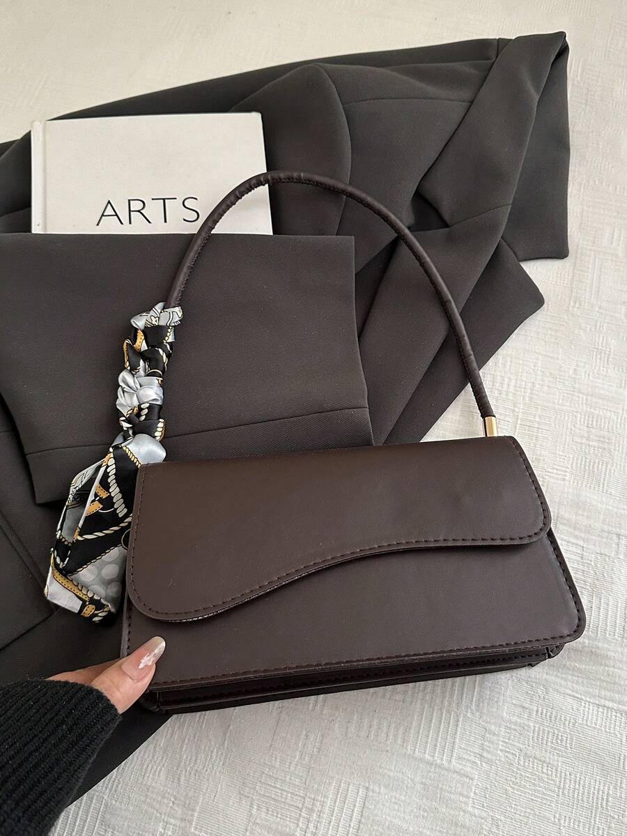 Tas Bahu Syal Minimalis Vintage Elegan dengan Penutup Asimetris Warna Polos yang Modis - Coffee Brown - View 1