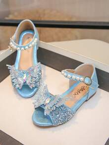 Baby Girl Flat Sandals Bow Rhinestone Pearl Color Diamond Princess Shoes - Blue - View 6