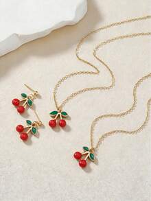 4件套精致项链手链组合，搭配可爱耳环，不锈钢材质链条，可爱樱桃度假风首饰套装。是女士毕业聚会和休闲派对的完美礼物。 - 櫻桃 - 查看 6