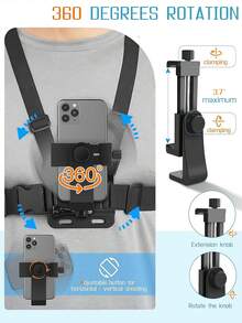 Kit de suporte de telemóvel com correia de peito ajustável, suporte de peito versátil para telemóvel para gravação POV/Vlog, pesca, ciclismo, suporte de câmara corporal, arnês de transmissão ao vivo ao ar livre, compatível com iPhone etc., acessórios para telemóvel, equipamento de filmagem - Preto - Ver 4