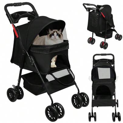 Kinderwagen für Hunde und Katzen mit Klappfunktion, für kleine/mittelgroße Hunde und Katzen, 34 * 61 * 99 cm, Schwarz/Grau/Rosa/Blau