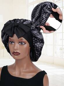 1 chiếc mũ ngủ bằng satin thắt nơ, màu trơn, co giãn, nhẹ, thích hợp cho nữ và bé gái, màu đen. - màu đen - Xem 5