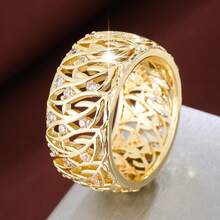 1pc Countryside Leaf Hollow Design Cubic Zirconia Inlaid Women Wide Band Ring - Multicolor - View 21