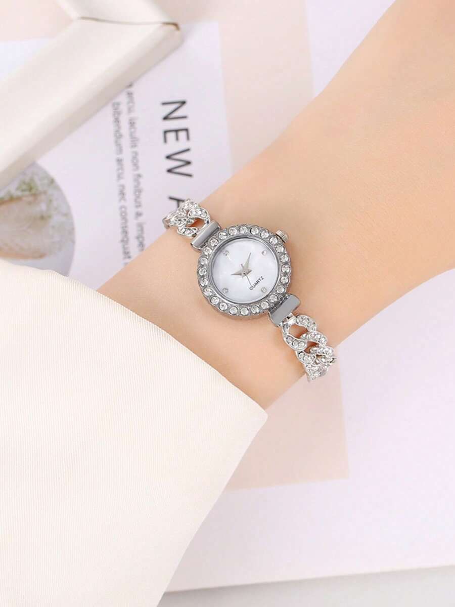 Jam Tangan Quartz Elegan Wanita, Jam Tangan Mewah Niche dengan Gelang yang Dapat Diatur dan Hiasan Berlian Imitasi Bulat - Satu-Ukuran - View 1