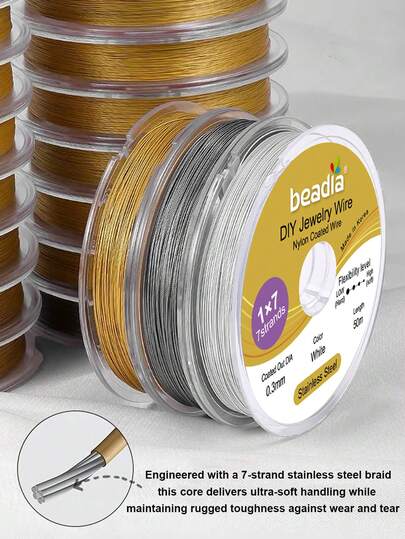 1/4 rollo de 7 hebras de alambre de joyería de acero inoxidable 304 en color dorado y plateado - Alambre flexible ultra suave con tamaños surtidos de 0.3mm-0.6mm de grosor, durabilidad resistente para hacer collares y pulseras, proyectos de abalorios DIY, fabricación de joyas, creación de pulseras, artesanía sin mantenimiento (1/4 rollos)