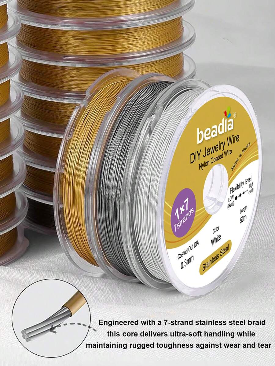 1/4 cuộn dây thép không gỉ 304 7 sợi màu vàng và bạc - Dây thủ công siêu mềm dẻo với độ dày siêu mỏng 0.3mm-0.6mm, độ bền chắc chắn để làm vòng cổ & vòng tay, các dự án DIY xâu hạt, dây dùng để làm trang sức, tạo vòng tay, thủ công không cần bảo dưỡng (1/4 cuộn)