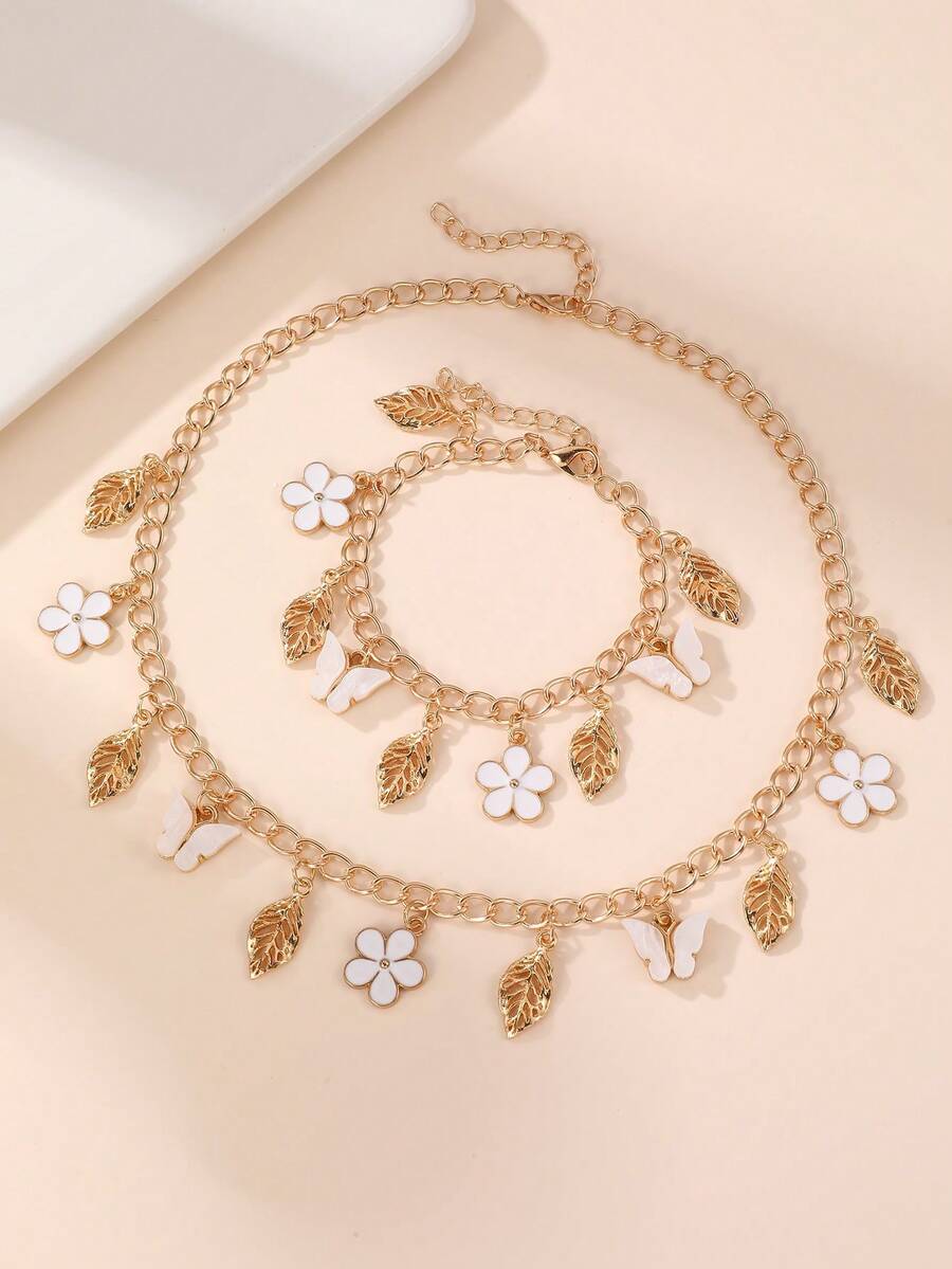 1pc/2pcs Girls Flower, Butterfly, Leaf Pendant Bracelet Necklace Set - Multicolor - View 1