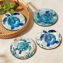 4pcs Wooden Sea Turtle Coasters, 4 Inch Heat-Resistant Non-Slip Drink Mats, Charming Beach Theme, Waterproof Insulation Pads For Cafe, Office, Kitchen And Dining, Holiday Home Decor, Birthday And Holiday Gifts For Friends And Family, 2D - Multicolor Coasters - View 1