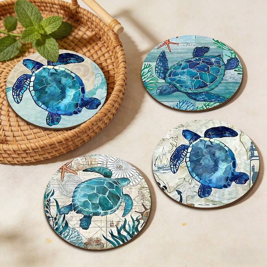4pcs Wooden Sea Turtle Coasters, 4 Inch Heat-Resistant Non-Slip Drink Mats, Charming Beach Theme, Waterproof Insulation Pads For Cafe, Office, Kitchen And Dining, Holiday Home Decor, Birthday And Holiday Gifts For Friends And Family, 2D - Multicolor Coasters - View 1