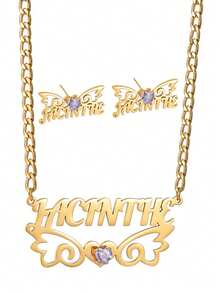 1SET Personalized Customized Wing Heart Set, Inlaid With Heart-Shaped Zirconia, Earring+Necklace Set, Stainless Steel Necklace Jewelry Set, Zirconia Inlay, Including Gift Box, As A Gift For Ramadan, Valentine's Day, And Mother's Day. - Gold - View 3