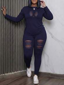 Plus Size Women's 2-Piece Set, Sexy Hollow-Out Long Sleeve Top And Perforated Design Pants, Suitable For Spring And Autumn Elegant - Navy - View 4