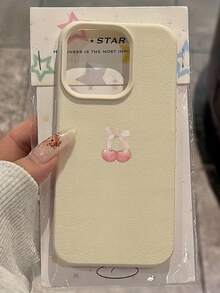 1 pieza Funda de teléfono con textura de cuero blanco, lente mate, protección antideslizante, diseño minimalista con patrón de cereza rosa, compatible con iPhone 16 Pro Max, 17/16/15/14 Plus, 13/12/11, Air, Series, versión internacional, no la versión nacional - Multicolor - Ver 2