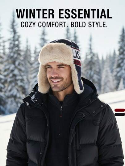 1顶字母图案美式保暖加厚飞行员帽，冬季雪天户外针织帽