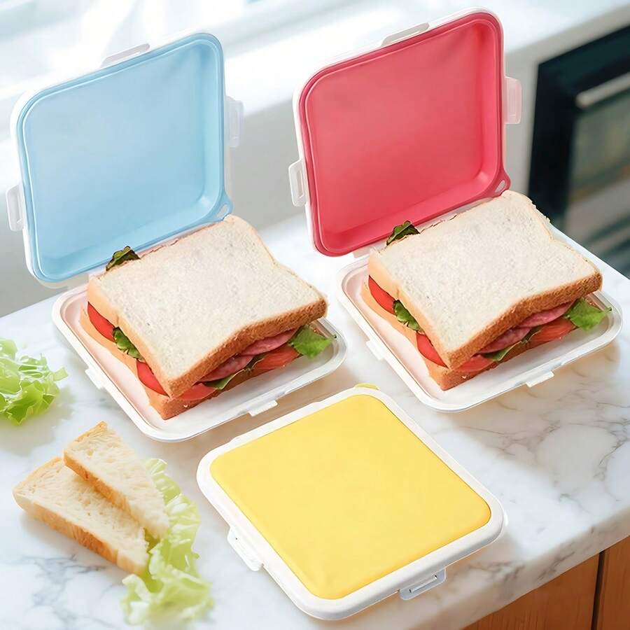 1/3 套硅胶三明治盒，6.1*6.1 英寸食品储物盒，适合午餐、旅行，耐热三明治盒可拆卸，也适合存放水果、沙拉、零食和食品