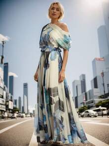 2025 Summer Bohemian Vacation Style Lace-Up Lolita Flared Dress Printed Dress - 藍色 - 查看 4