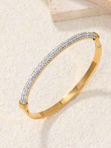 Joyería de acero inoxidable 304 chapada en oro de 18K con elementos populares como diamantes totalmente empedrados, líneas multicapa, diseños brillantes y elegantes - Dorado - Ver 5