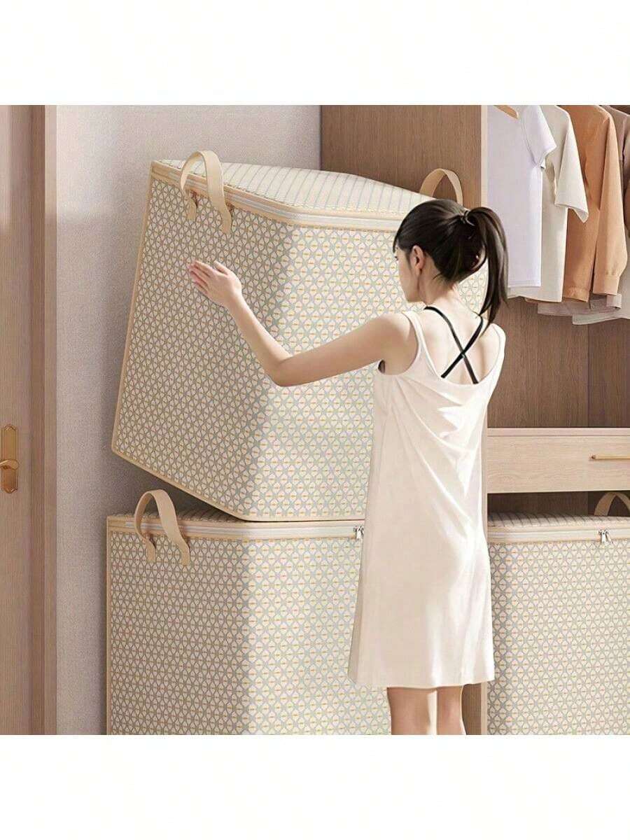 Foldable Underbed Storage Box - Made Of Non-Woven Fabric For Organizing Clothes And Blankets, Fashionable Wardrobe Solution, Underbed Storage With Handles, Collapsible Non-Woven Fabric Clothing And Blanket Storage Box, Multi-Functional Wardrobe Solution - Champagne - View 1