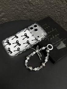 1pc Minimalist Black Bow Unique Elegant 2D Print Transparent Braided Frame Anti-Drop Phone Protective Case, Matching Cool-Tone Bracelet, Suitable For Self-Use, Girlfriend/Valentine's Day/Eid Gift, Compatible With IPhone11/12/13/14/15/16/16PRO/16PROMAX, GalaxyA05/A15/A25/A35/A53/A54/A55/S23/S24 - Clear - View 5