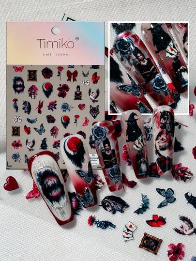 1 Sheet Dark Romantic Gothic Subculture Inspired Nail Art Stickers, Featuring Withered Roses, Bloody Butterflies, Dark Girl Silhouettes, Swans, Crows, Vintage Frames, Blending Elegance And Poetic Vibes, Suitable For Personal DIY And Nail Salons Nails Nail Supplies