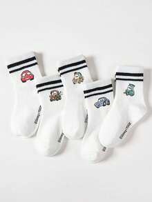 5/1 Pair Genuine Cars Cartoon Pattern Children Mid-Calf Socks, Black & White Stripes, Cute Design, Fashionable Casual Breathable Student Socks, Suitable For Daily Wear, Back To School, Holiday Gifts, Disney Socks - Multicolor - View 3