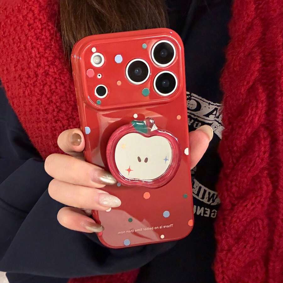 Minimalist Mirror Element Kavenfort 1pc Maple Sugar Red & Green Polka Dot + Green Leaf Red Apple Mirror Stand Phone Case Compatible With IPhone 17 Pro Max, Compatible With IPhone 16, 15, 13, New Year Polka Dot, Full Coverage Soft Shell, Personalized, Creative, Retro, Geometric, Minimalist, Color Blocking, Niche, Ins Style Spring Gift