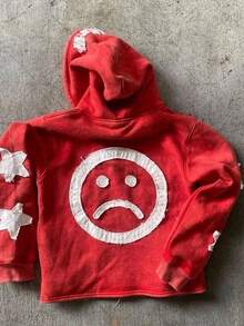 INFW Retro Patch Embroidered Hoodie - Vintage Distressed Red Sweatshirt With Star Graffiti - Hip Hop Casual Style Oversized Men's Cardigan For All Seasons, Perfect For Parties And Relaxed Outfits - Fashionable Heavyweight Men's Hoodie" - Đỏ - Xem 2