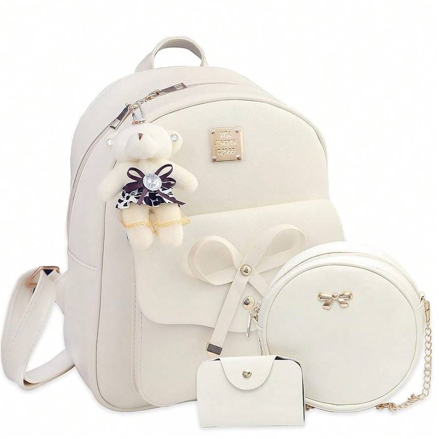 K.E.J. Cute Mini Backpack Bowknot Leather Backpack 3-PCS Small Backpack Purse For Women - 米色 - 查看 1