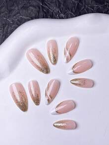 10 قطعة ملصقات أظافر يدوية الصنع، أظافر قصيرة، أظافر مزيفة، أظافر بشكل لوز، مناكير فرنسي، أظافر بطراز Y2K، أظافر جميلة، أظافر وردية، أظافر بيضاء، أظافر ذهبية، أظافر بنية، مع لمعان اللؤلؤ الساطع. تشمل أدوات الأظافر للتطبيق والإزالة السهلة. مناسبة للنساء والفتيات لاستخدامها اليومي ومناسبات خاصة لوازم الأظافر - زهر ذهبي - مشاهدة 13