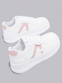 女士时尚厚底休闲运动鞋，百搭系带款，四季皆宜，白色休闲鞋 - 粉色 - 查看 1