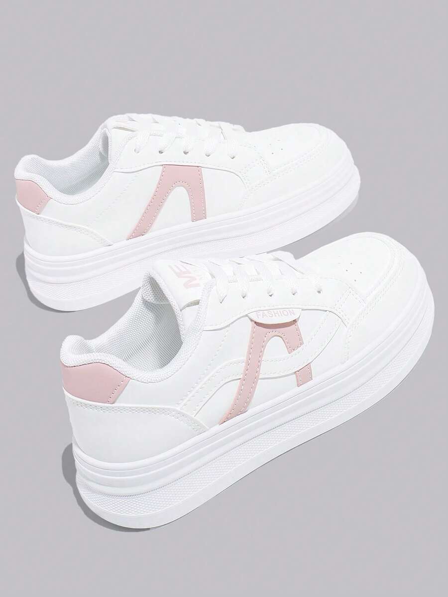女士时尚厚底休闲运动鞋，百搭系带款，四季皆宜，白色休闲鞋 - 粉色 - 查看 1