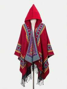 1pc Warm & Comfortable Heart Pattern Hooded Fringed Poncho Shawl - Multicolor - View 4