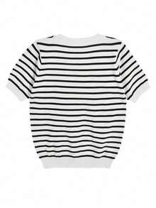 女士休闲条纹短袖宽松针织T恤，街头风，夏季 - 黑與白 - 查看 6
