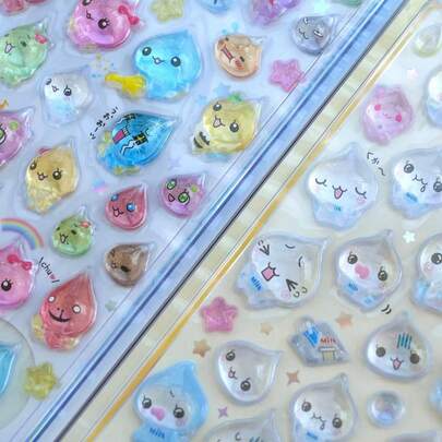 1pc Glossy Stickers | Cute Droplet And Bubble Shaped Stickers With Holographic Details (Pink/Blue/Yellow/Multi-Color Themes) | Laptop Shell Waterproof Self-Adhesive Paper Bottle Diary Scrapbook DIY Decoration | Multi Style Kawaii Stickers Suitable For Back To School, Birthday Parties, And Spring/Summer Creative Projects | Cute Stationery Stickers For Children, Teenagers, And Girls