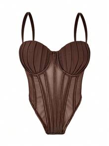 Women's Brown Cropped Camisole, Casual Backless Tank Top With Padded Bra, Mesh Skeleton Bodysuit For Party - Dark Brown - View 1