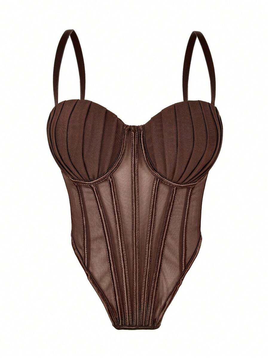 Women's Brown Cropped Camisole, Casual Backless Tank Top With Padded Bra, Mesh Skeleton Bodysuit For Party - Dark Brown - View 1