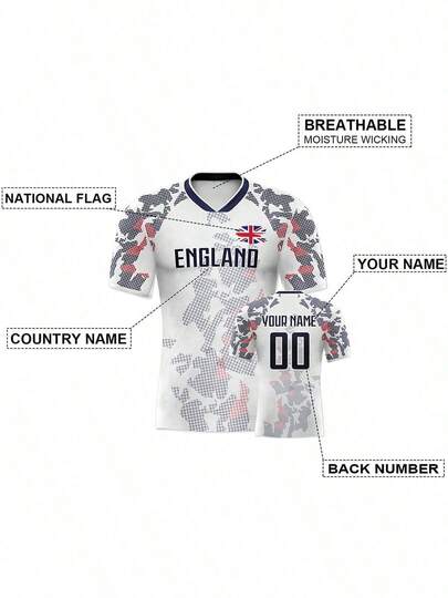 Custom England Soccer Jersey, Creative White Printed Sports Soccer Shirt, Personalized Name And Number Breathable Short Sleeve Soccer Uniform For Training, Games, Everyday Wear And Gifts For Soccer Fans