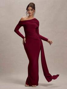 Đầm dài dệt kim thanh lịch dành cho nữ, tay dài, cổ áo bất đối xứng, chi tiết xếp ly, vạt đuôi cá, đầm dự tiệc. - Màu Đỏ Sâu - Xem 6