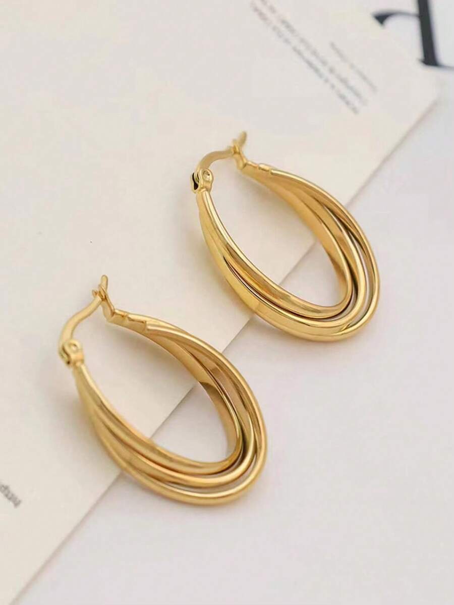 Women's Stainless Steel Triple Hoop Earrings, Twisted Hoop Earrings For Women, 18K Gold Plated Thick Hoop Earrings, Lightweight Jewelry, Holiday Style, Gold Hoop Earrings For Girls. Summer Beach Vacation Bikini Accessories, Eye-Catching Outfit, Wedding Dress Accessories - Versatile Jewelry, Perfect For Swimming, Bathing, Sports. Great Choice For Valentine's Day, Birthday, Mother's Day And Holiday Surprises. - Gold - View 1