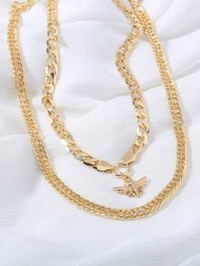 2pcs Gold-Tone Exaggerated Double-Layer Insect Pendant Necklace, Luxury Jewelry - Yellow Gold - View 2