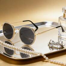 Round Frame Metal  For Men, High-End Driving Retro ,For Women - 金色邊框,飾以灰色亮片和水鑽 - 查看 6