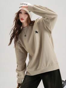 JUTU Spring & Autumn Equestrian Print Khaki & Black Patchwork Women's Graphic Round Neck Sweatshirt, Casual Loose Fit Mid-Length Minimalist Top - 979 Khaki Grey and Black - 1182 Black - View 6