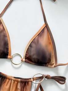 3 pièces Ensemble de maillot de bain à imprimé floral vintage pour femmes, style sexy élégant et romantique, comprenant un Top court à bretelles fines, un bas échancré et une longue jupe paréo. Convient pour la plage, les vacances, la Saint-Valentin - Taupe - Voir 7