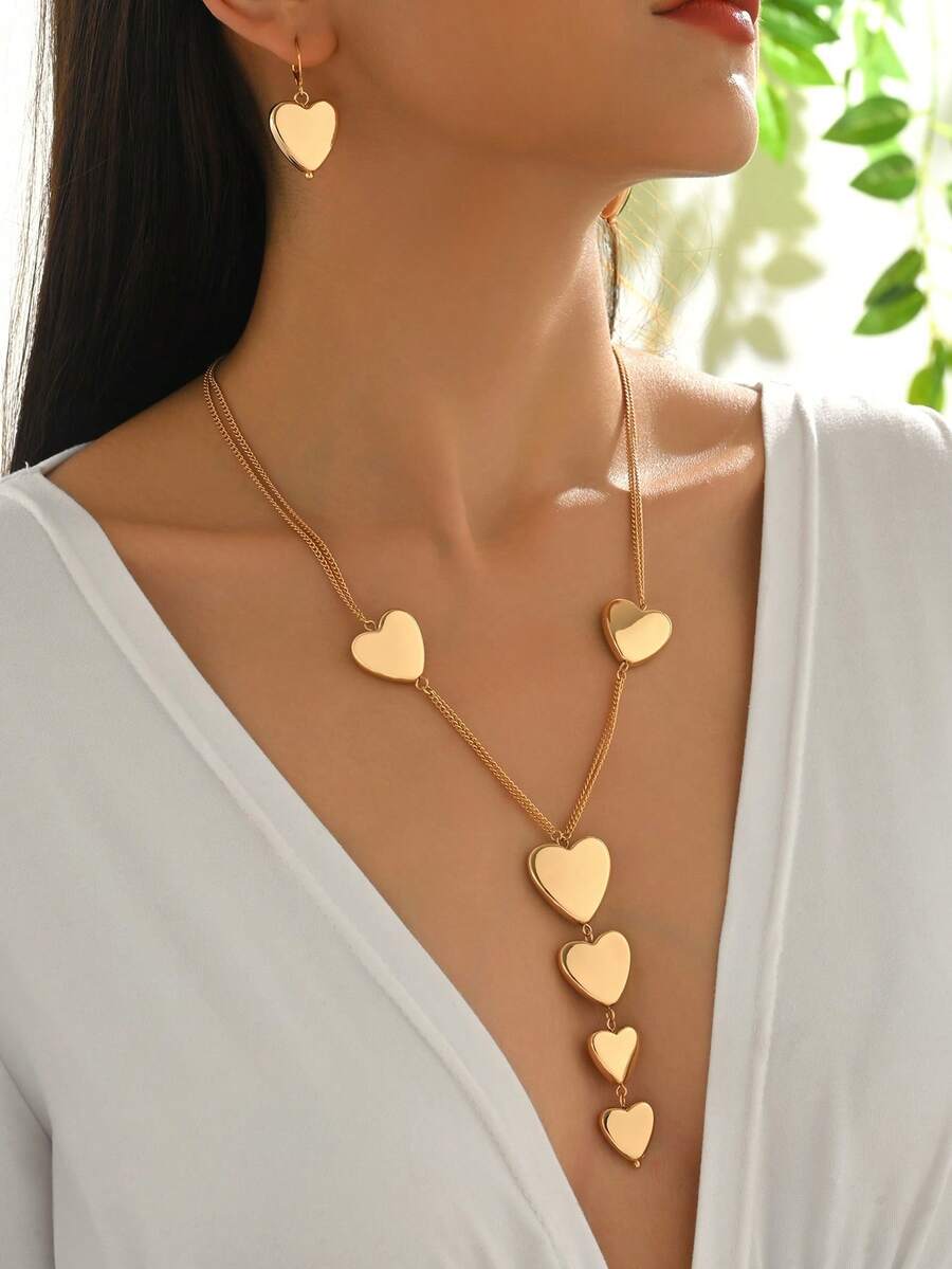 2pcs/Set Fashionable Metallic Geometric Heart Shaped Hammered Texture Graduated Size Exaggerated Extra Long Pendant Necklace & Earrings Set, Personalized Jewelry Set, Snake Bone Chain Y-Necklace, Pendant Necklace, Holiday Party Jewelry Set, Formal Dress Accessory Set, Valentine's Day Jewelry Set