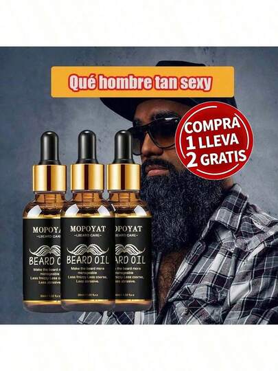 3 botellas de aceite para barba con aroma cítrico que contiene biotina y cafeína.