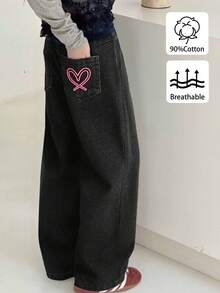 Girls' Casual Jeans, Spring/Autumn 2025 New Heart Embroidery Pocket Loose Straight Leg Pants, Versatile Wide Leg Trousers For Students - Black - View 4